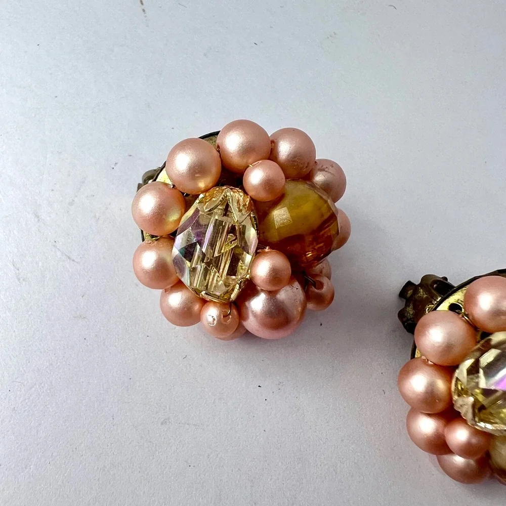 Vintage Japan Pink Faux Pearl Beaded Clip On Earrings Mid Century Classic Preppy